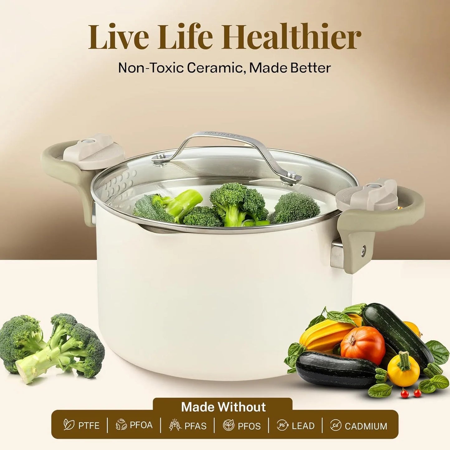 Ceramic soup pot with strainer lid and rotating locking handle