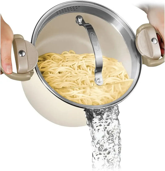 Ceramic soup pot with strainer lid and rotating locking handle