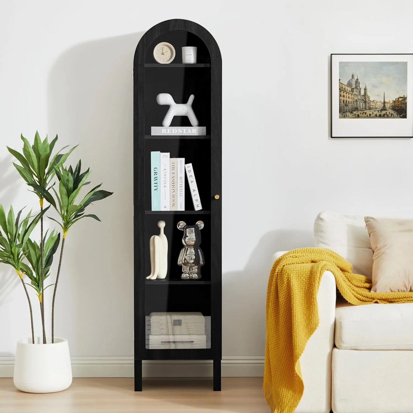 5-Tier Arched Cabinet Bookcase with Adjustable Shelves