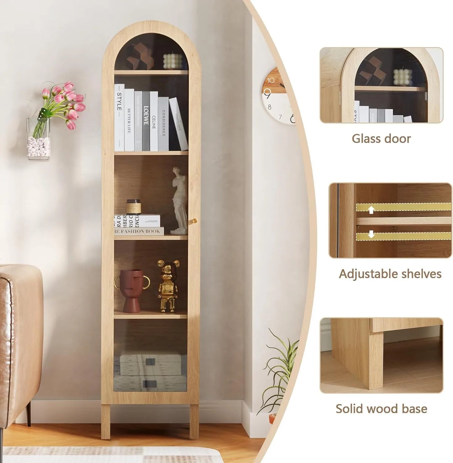 5-Tier Arched Cabinet Bookcase with Adjustable Shelves