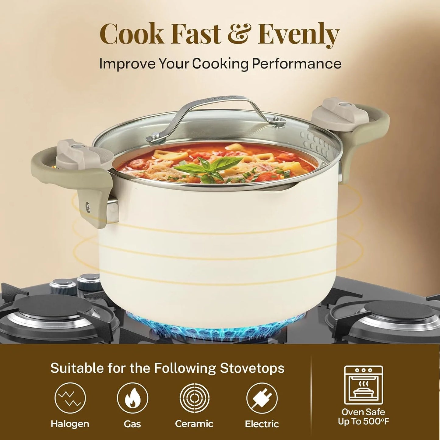 Ceramic soup pot with strainer lid and rotating locking handle