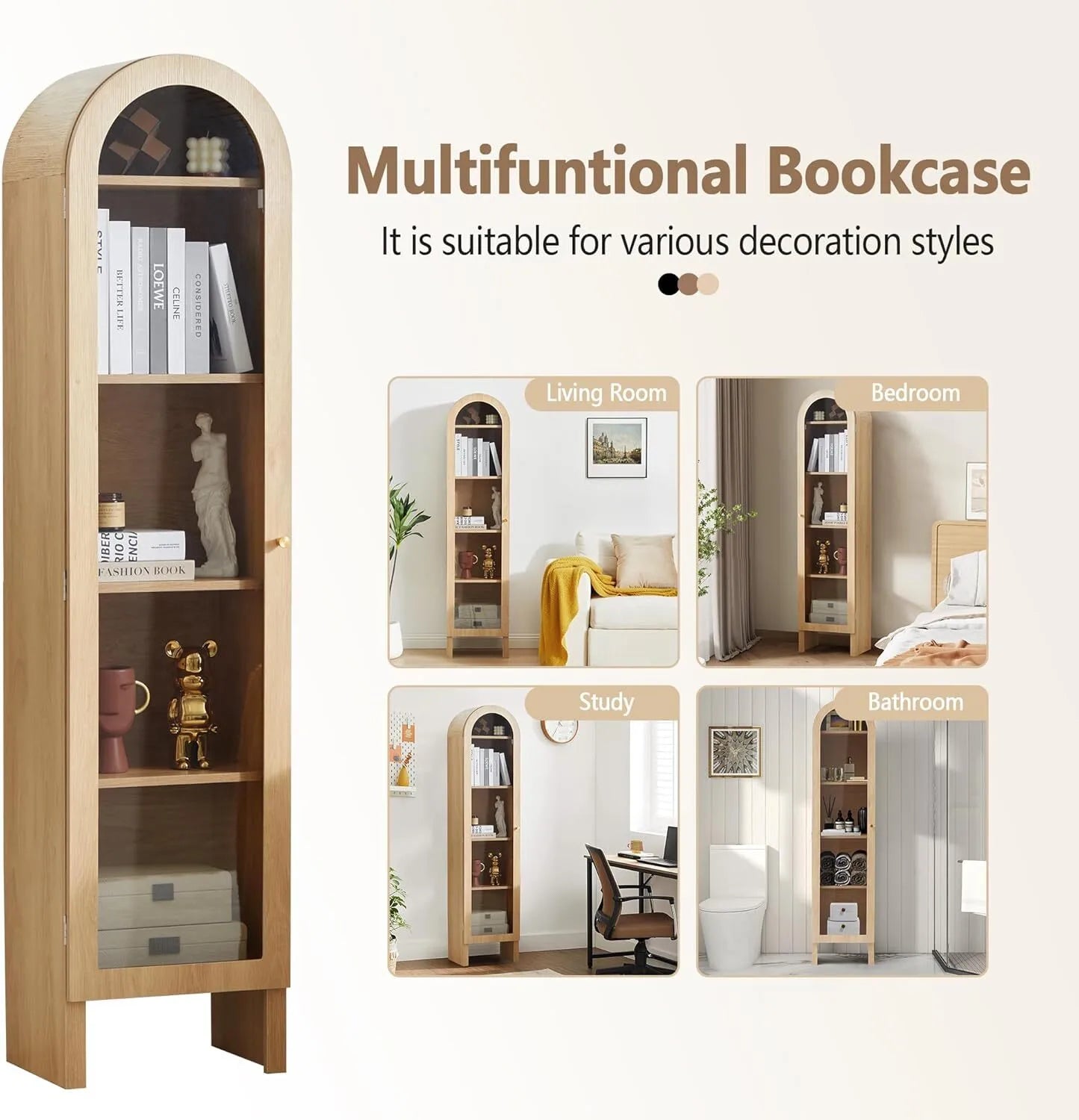 5-Tier Arched Cabinet Bookcase with Adjustable Shelves
