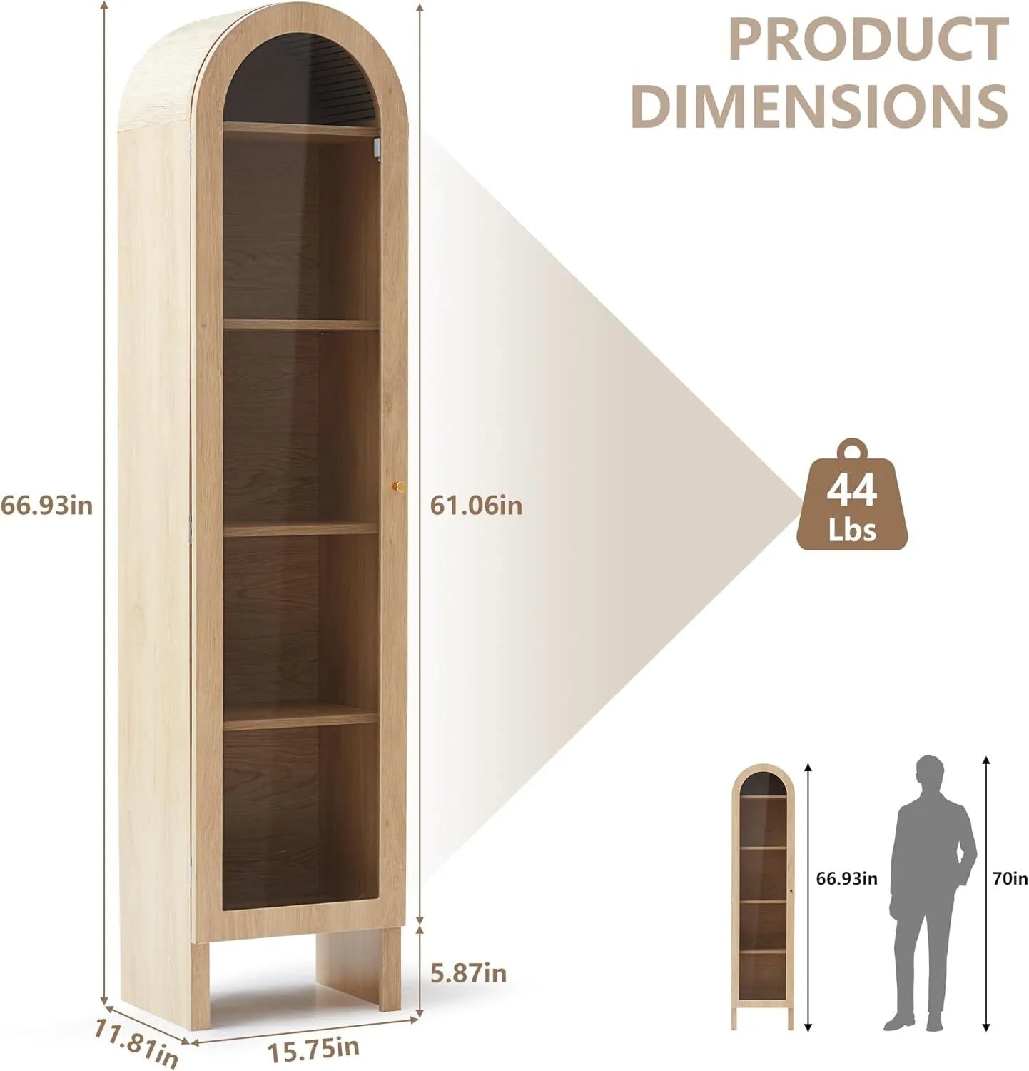 5-Tier Arched Cabinet Bookcase with Adjustable Shelves