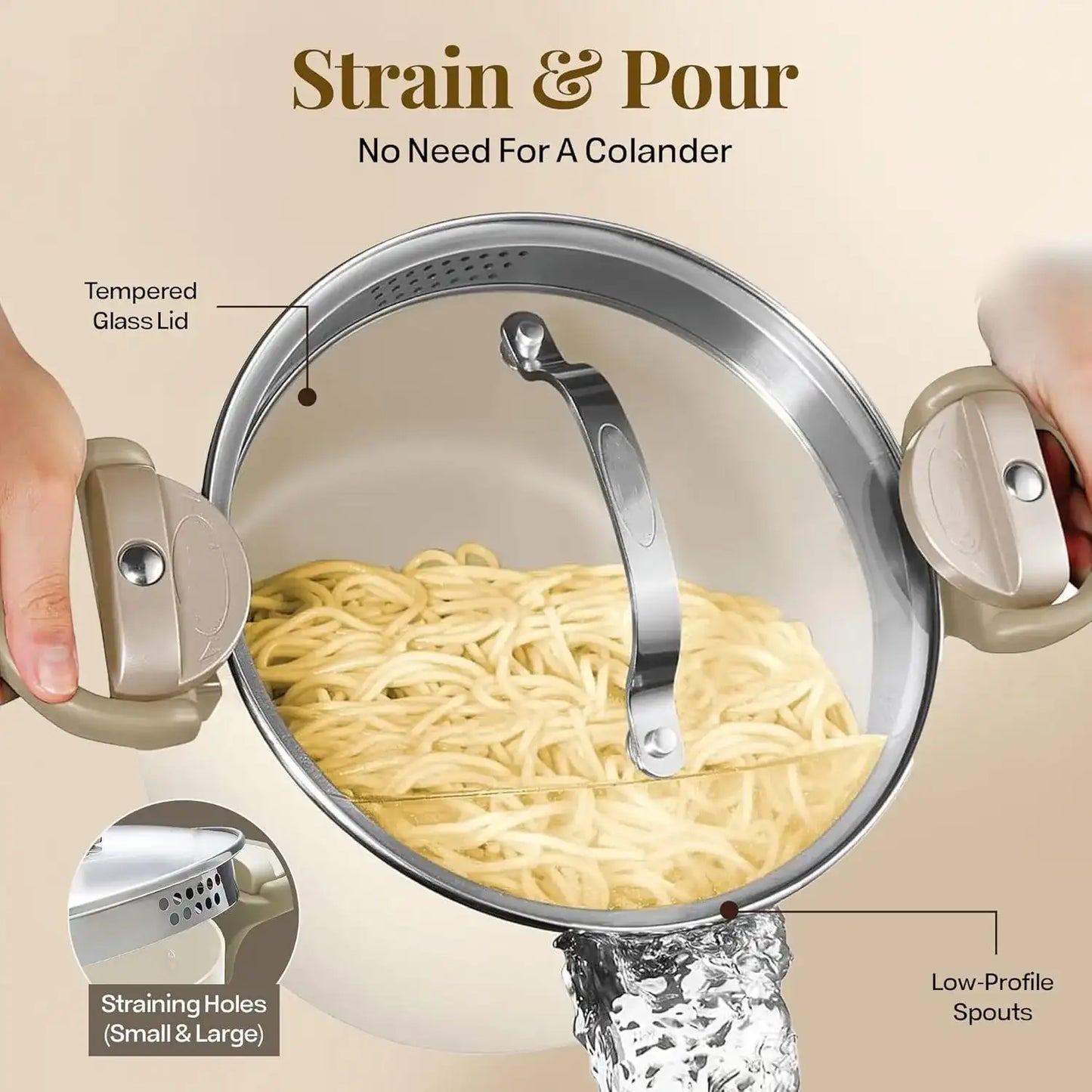 Ceramic soup pot with strainer lid and rotating locking handle