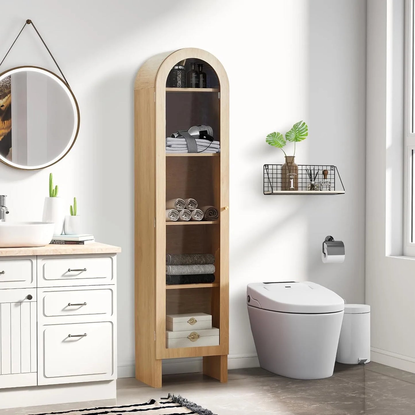 5-Tier Arched Cabinet Bookcase with Adjustable Shelves