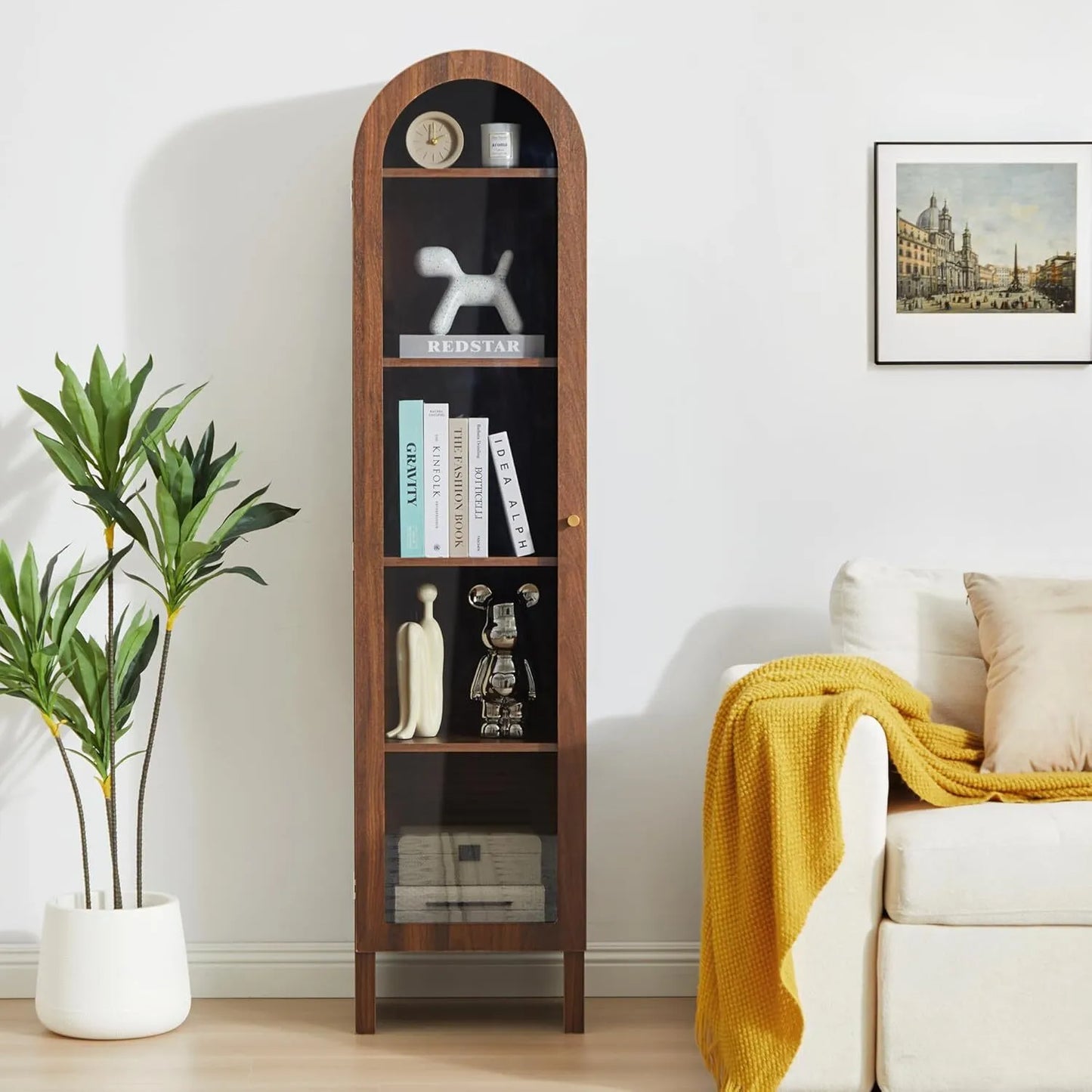 5-Tier Arched Cabinet Bookcase with Adjustable Shelves