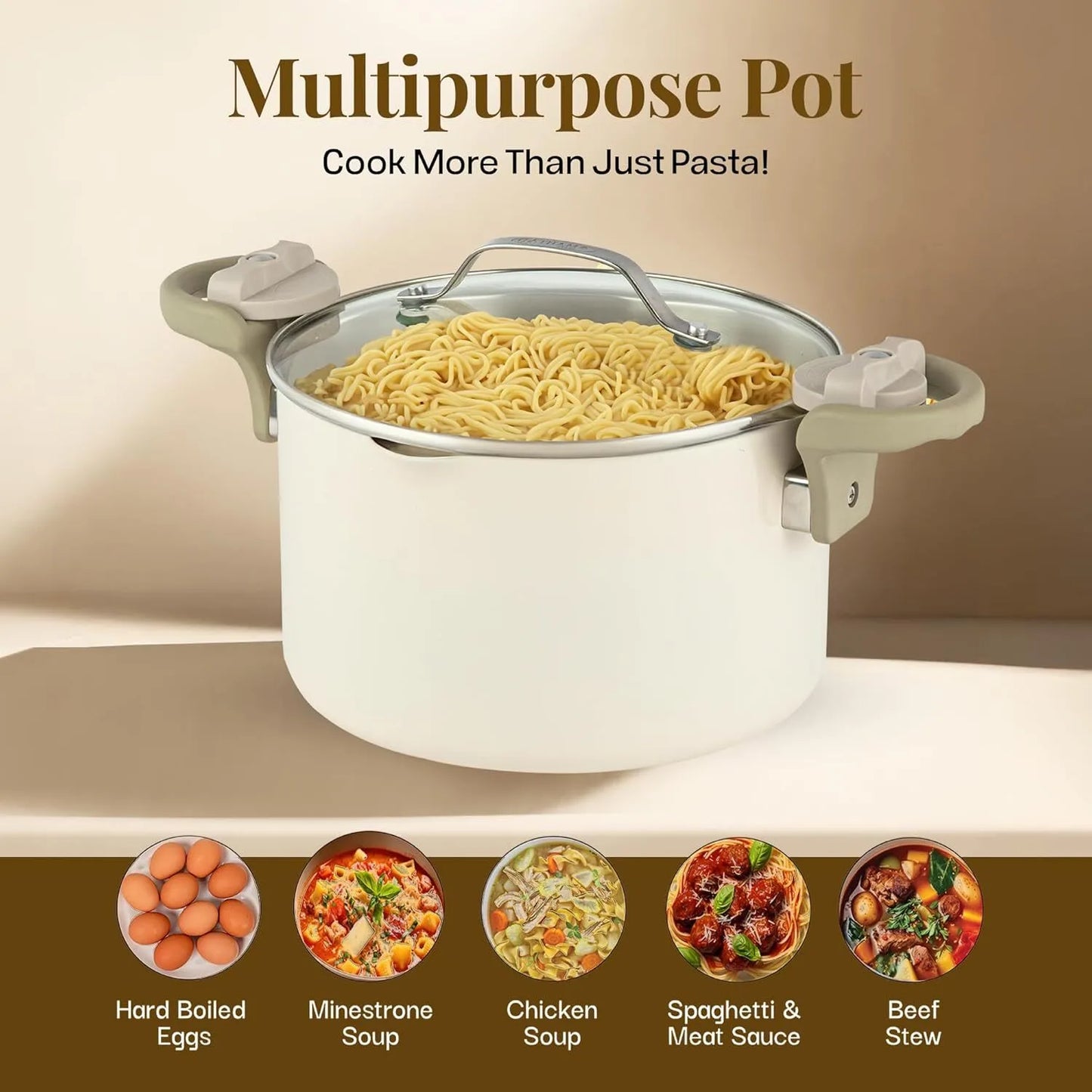 Ceramic soup pot with strainer lid and rotating locking handle
