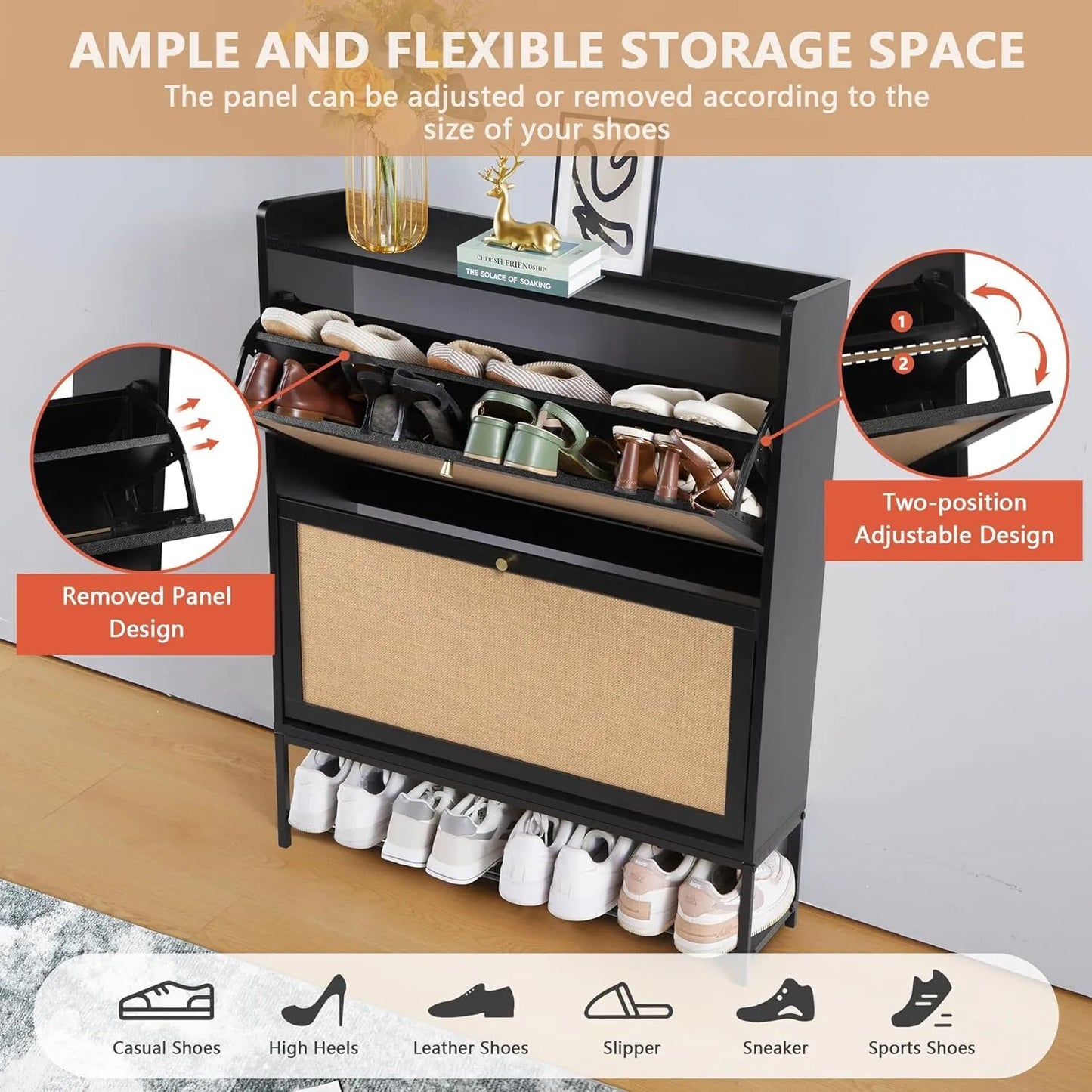 Freestanding shoe cabinet storage organizer