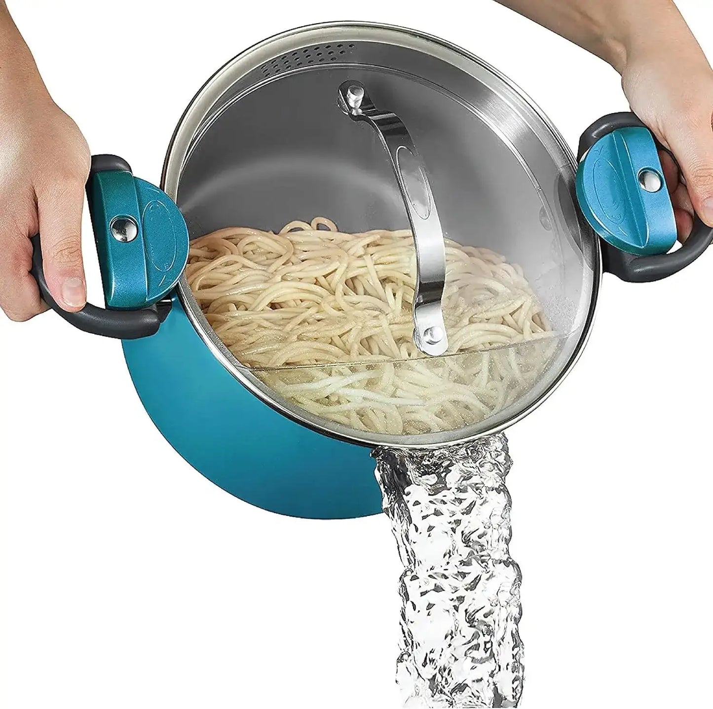 Ceramic soup pot with strainer lid and rotating locking handle