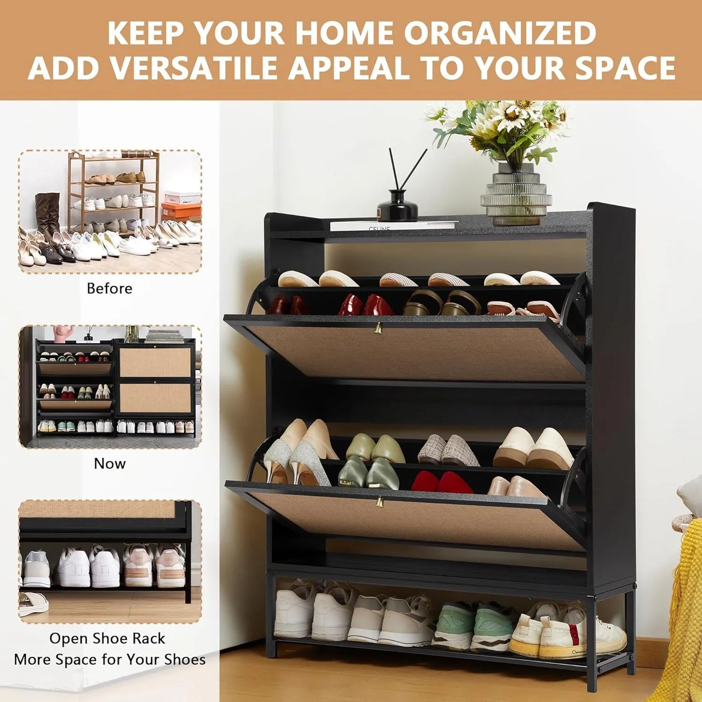Freestanding shoe cabinet storage organizer