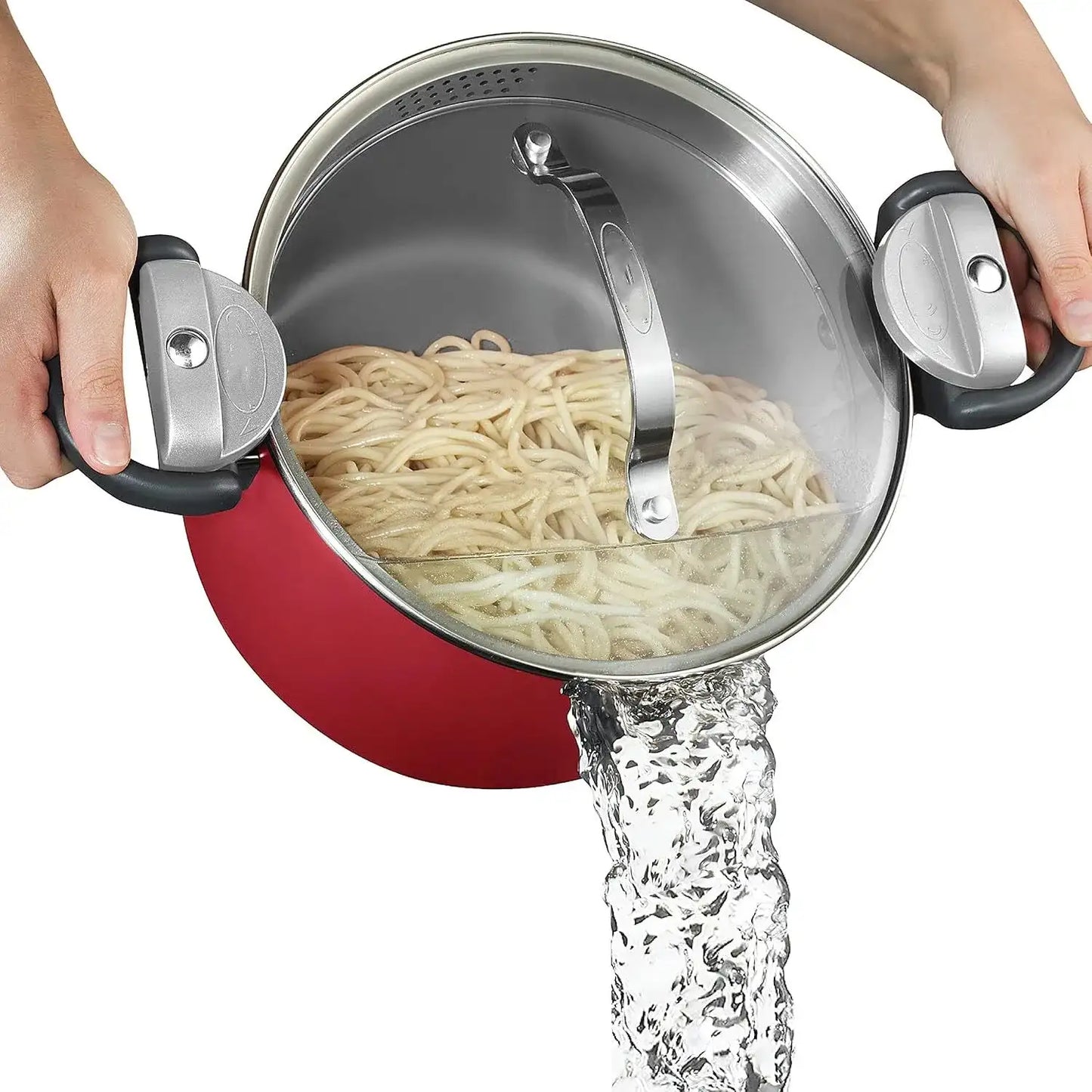 Ceramic soup pot with strainer lid and rotating locking handle