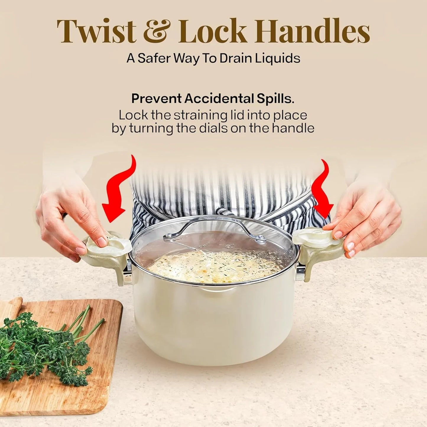 Ceramic soup pot with strainer lid and rotating locking handle