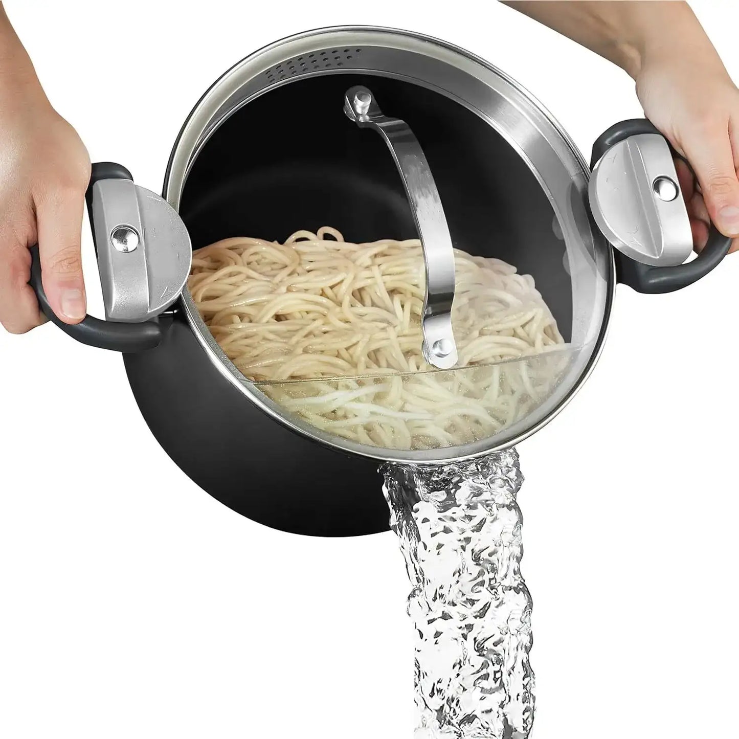 Ceramic soup pot with strainer lid and rotating locking handle