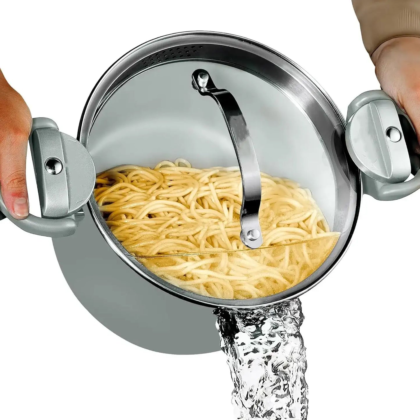 Ceramic soup pot with strainer lid and rotating locking handle